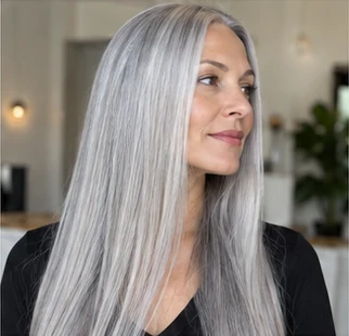 Silver straight lengths on an adult woman — original AI-generated hair color inspiration