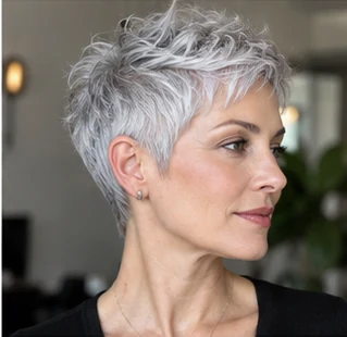Silver pixie on an adult woman — original AI-generated hair color inspiration