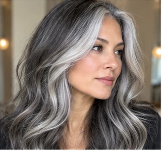 Silver face frame on an adult woman — original AI-generated hair color inspiration