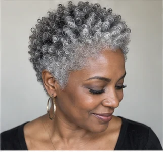 Silver coily crop on an adult woman — original AI-generated hair color inspiration