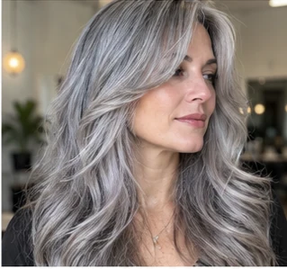 Silver curtain layers on an adult woman — original AI-generated hair color inspiration
