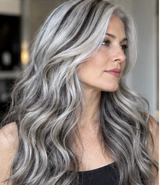 Silver with dark lowlights on an adult woman — original AI-generated hair color inspiration