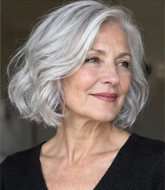 Mature soft silver bob on an adult woman — original AI-generated hair color inspiration