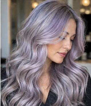 Silver lavender reflection on an adult woman — original AI-generated hair color inspiration