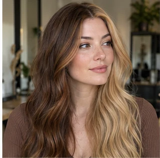 Brown and honey blonde split on an adult woman — original AI-generated hair color inspiration