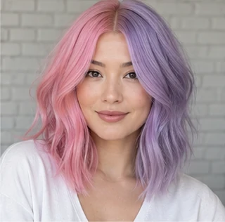 Pink and lavender split on an adult woman — original AI-generated hair color inspiration
