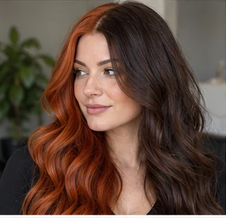 Copper and chocolate split on an adult woman — original AI-generated hair color inspiration