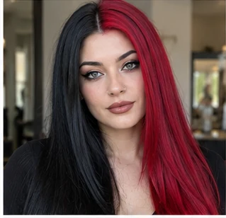 Black and cherry red split on an adult woman — original AI-generated hair color inspiration