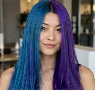 Blue and purple split on an adult woman — original AI-generated hair color inspiration