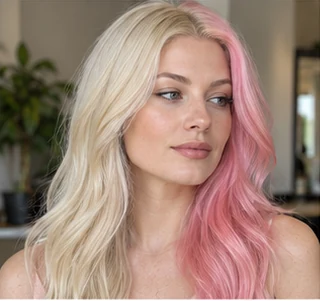 Blonde and pastel pink split on an adult woman — original AI-generated hair color inspiration