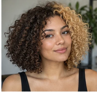 Split dye curly bob on an adult woman — original AI-generated hair color inspiration