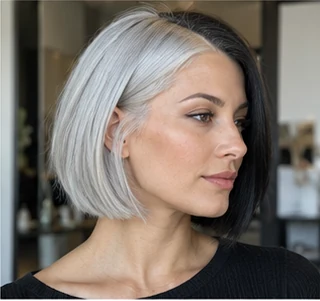 Silver and black split bob on an adult woman — original AI-generated hair color inspiration
