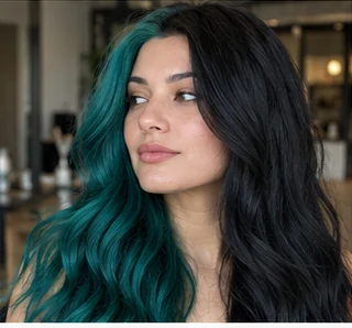 Teal and black split on an adult woman — original AI-generated hair color inspiration