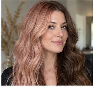 Rose gold and brown split on an adult woman — original AI-generated hair color inspiration