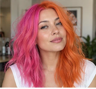 Pink and orange split on an adult woman — original AI-generated hair color inspiration