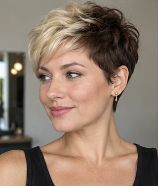 Split dye pixie on an adult woman — original AI-generated hair color inspiration
