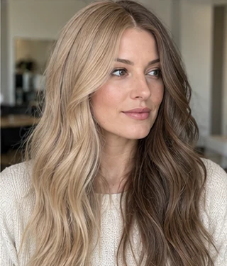 Beige and ash brown split on an adult woman — original AI-generated hair color inspiration